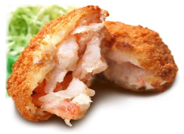 えび100％の冷めてもおいしいえびカツ。20~200g、丸・角‣棒・ボール各種揃えています。