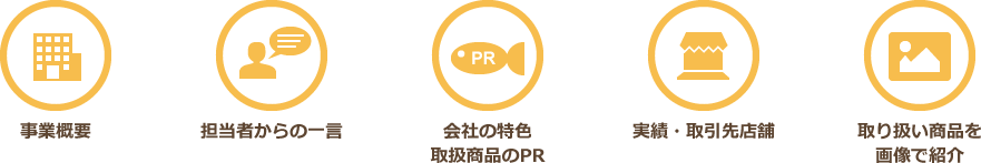 事業概要、担当者からの一言、会社の特色・取引商品のPR、実績・取引先店舗、取扱い商品の画像などを紹介できます。