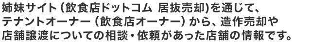 姉妹サイト（飲食店ドットコム 居抜き売却）を通じて、飲食店オーナー様から、造作売却や店舗譲渡についての相談・依頼があった店舗の情報です。